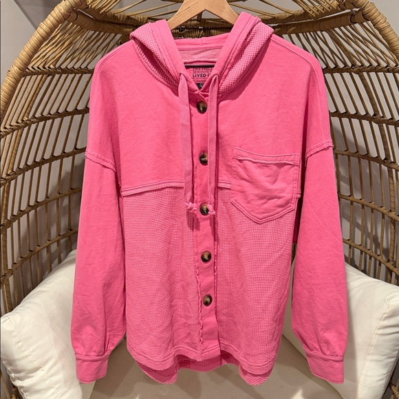 American Eagle Pink Big Hug Hooded Waffle Shacket - Picture 3 of 5